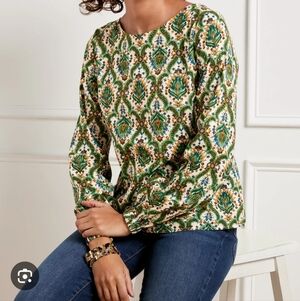 Talbots Green And Metallic Long sleevePrint Top. Plus Size 2x